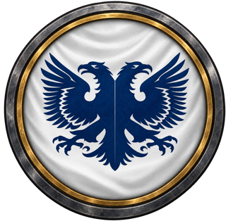 Emblème des Aragorn Knights : aigle bicéphale bleu sur fond blanc, cerclé d'or et d'acier